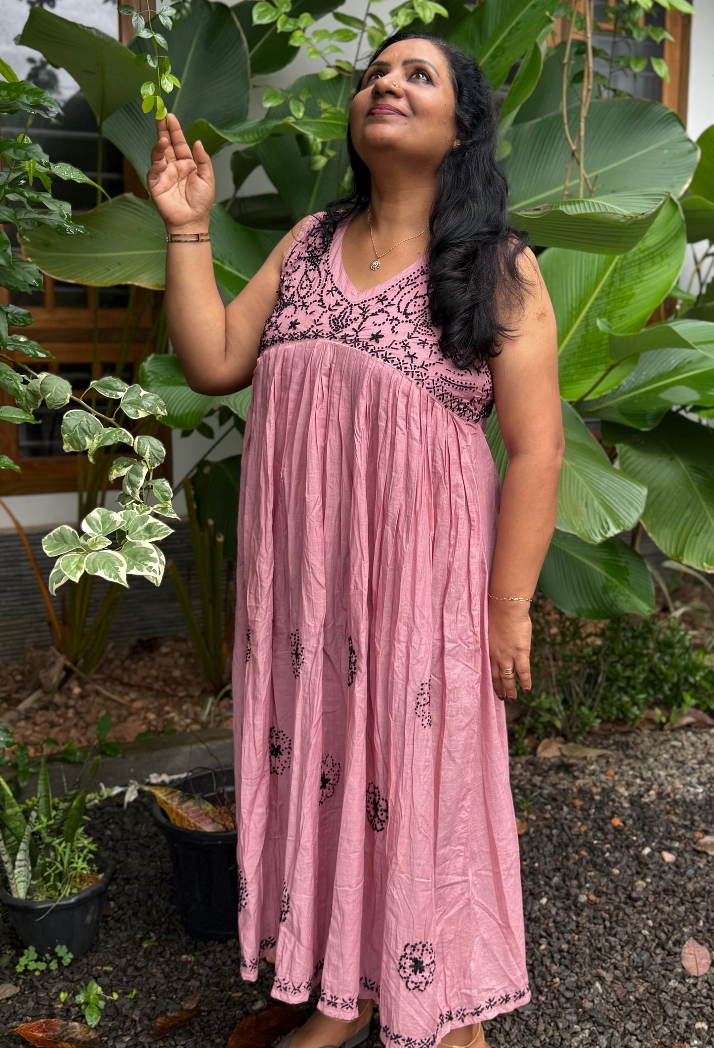 Sleeveless Aliya cut dress -Black knots on Onion Pink (with work on front and back)
