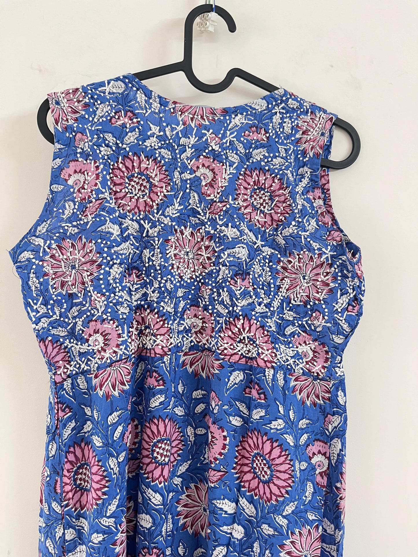 Sleeveless Aliya cut dress (with work on front and back) PRE-ORDER - Floral Blue Pink