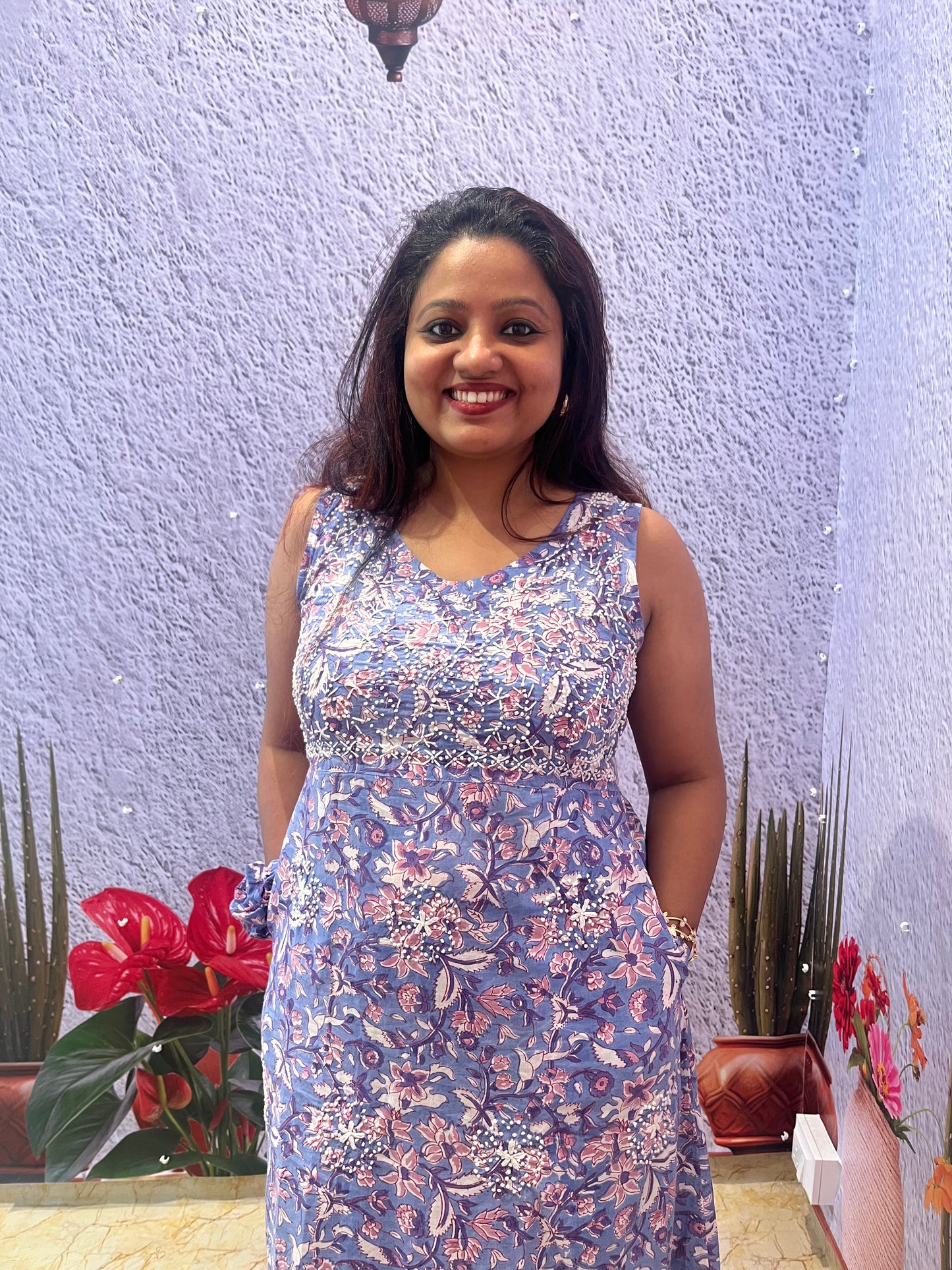 Sleeveless A-line Dress - Floral Periwinkle