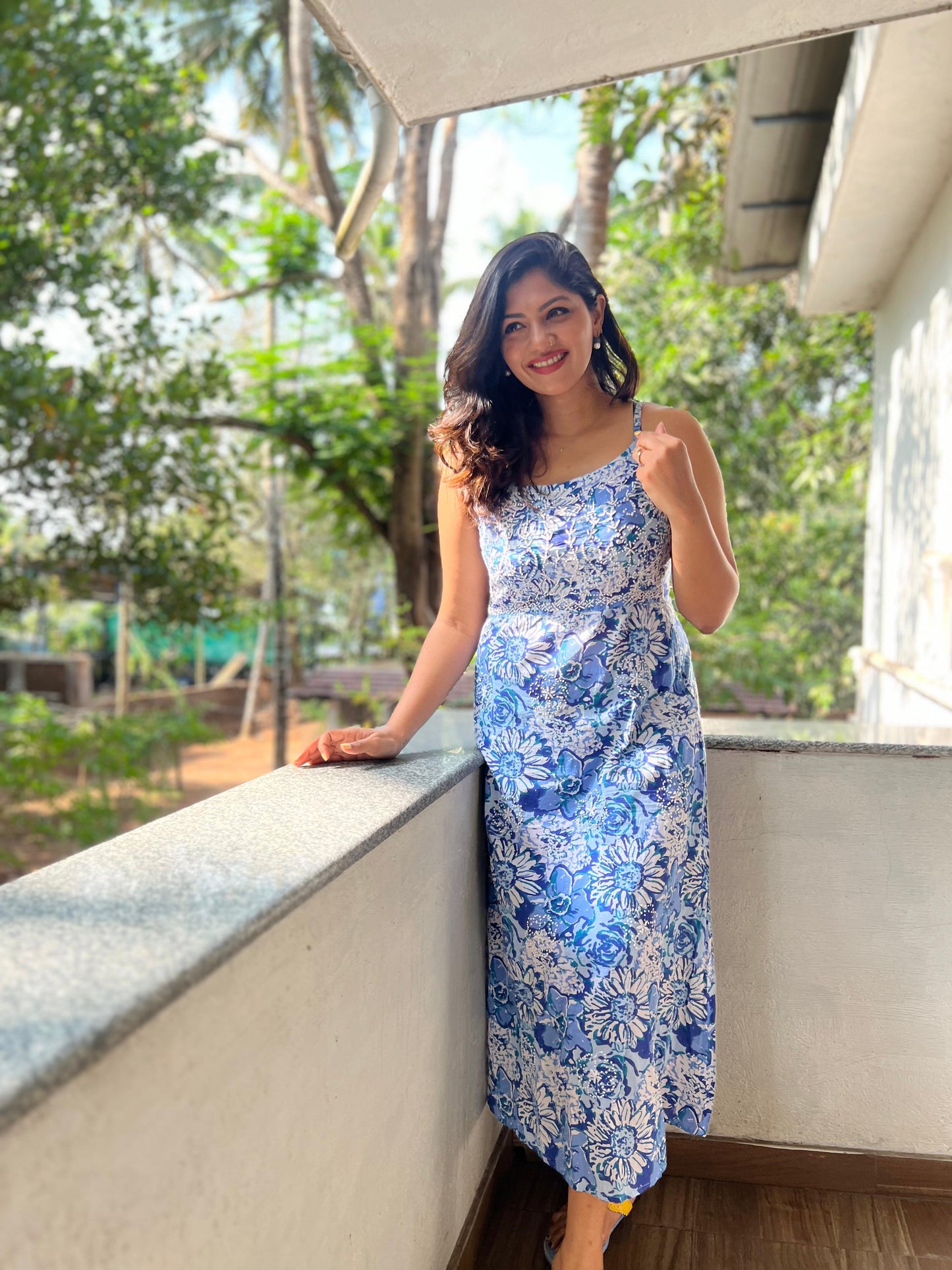 Sleeveless A-line Dress PRE-ORDER - Floral Hues of Blue