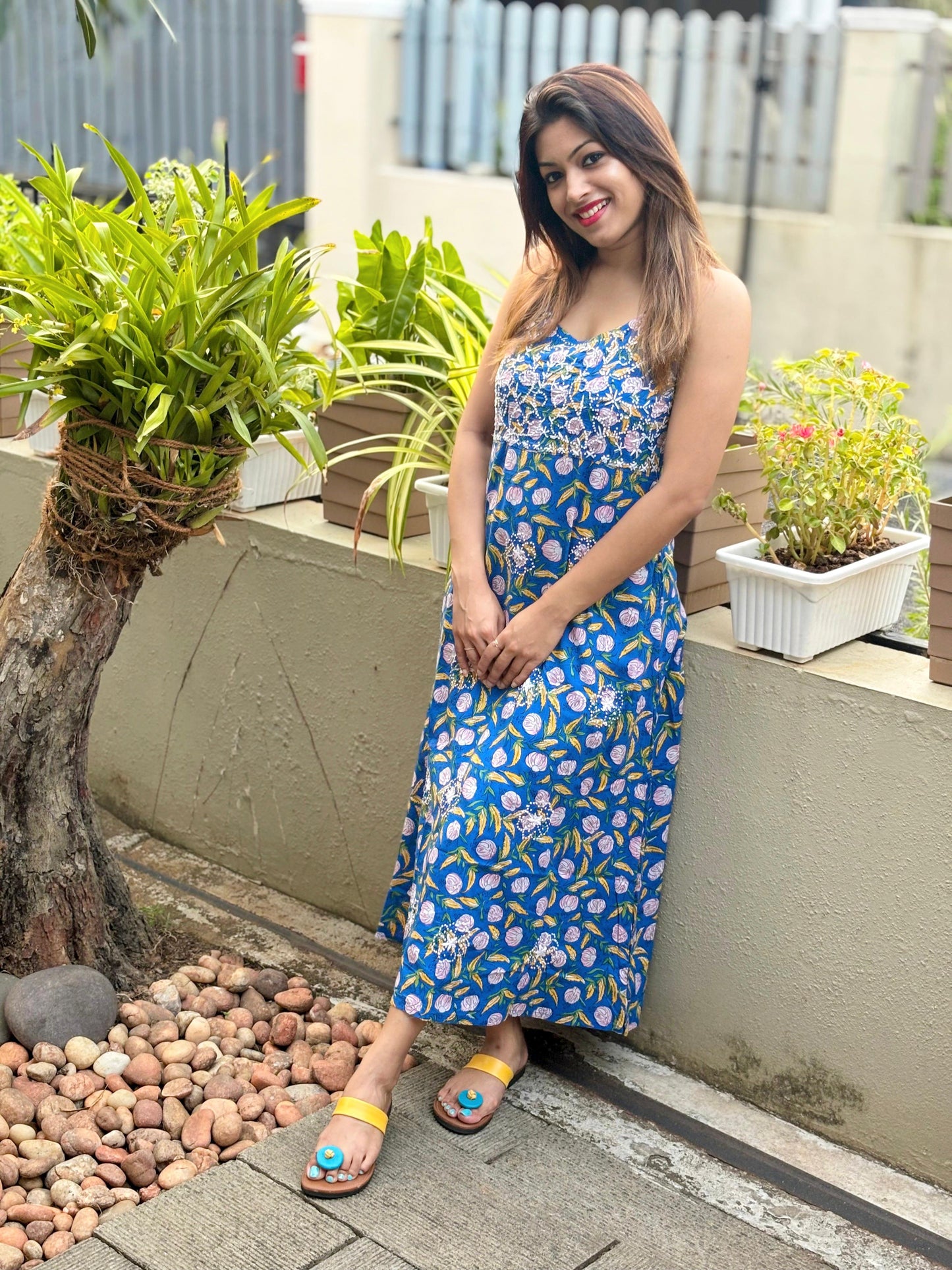 Sleeveless A-line Dress PRE-ORDER - Floral Blue Yellow
