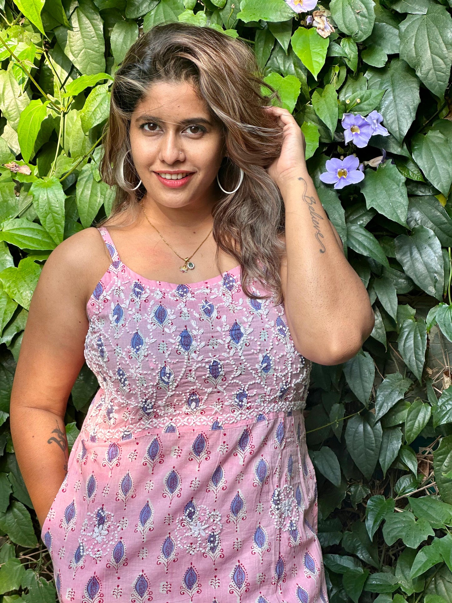 Sleeveless A-line Dress - Pink Blue Block