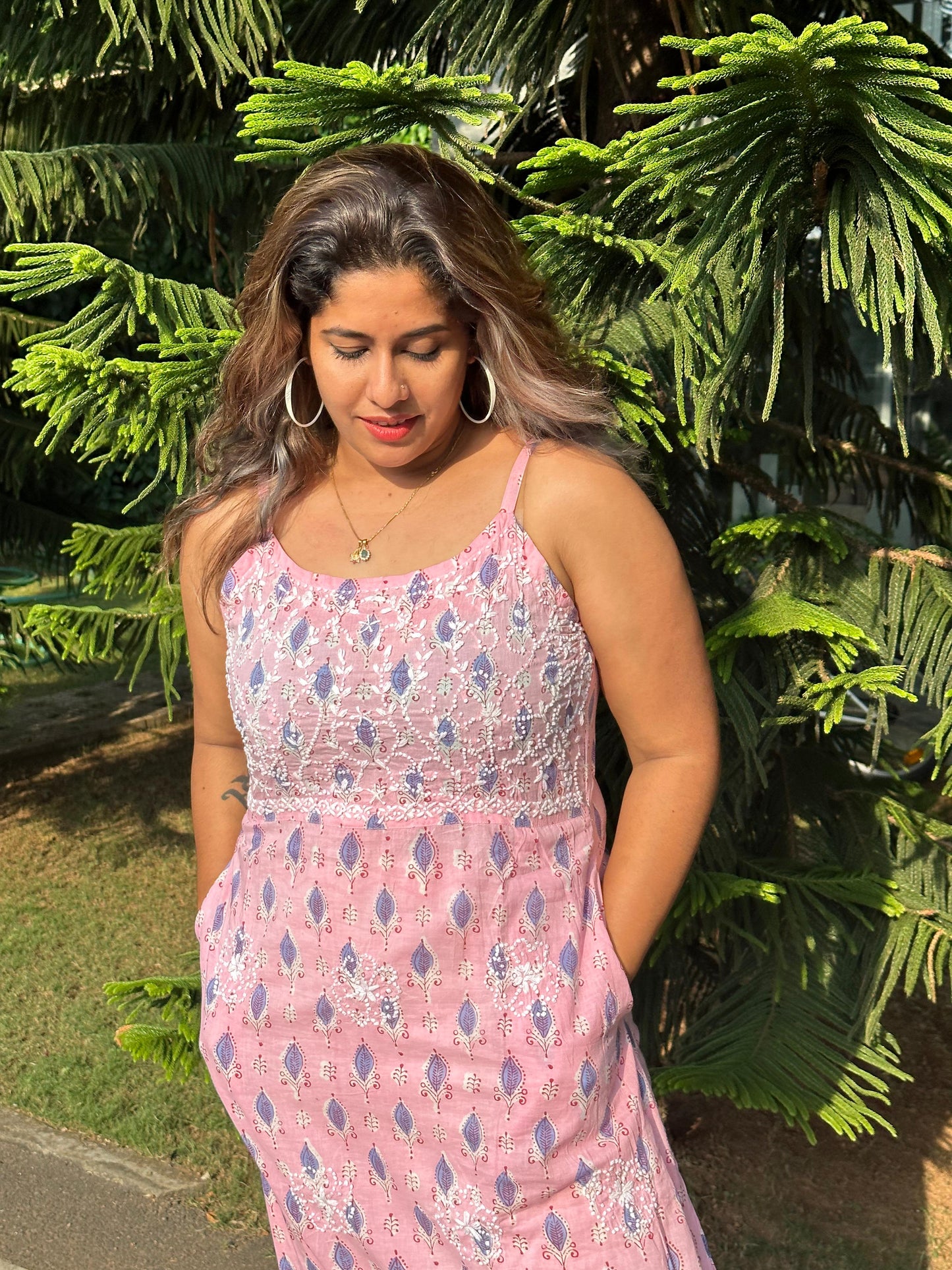 Sleeveless A-line Dress - Pink Blue Block