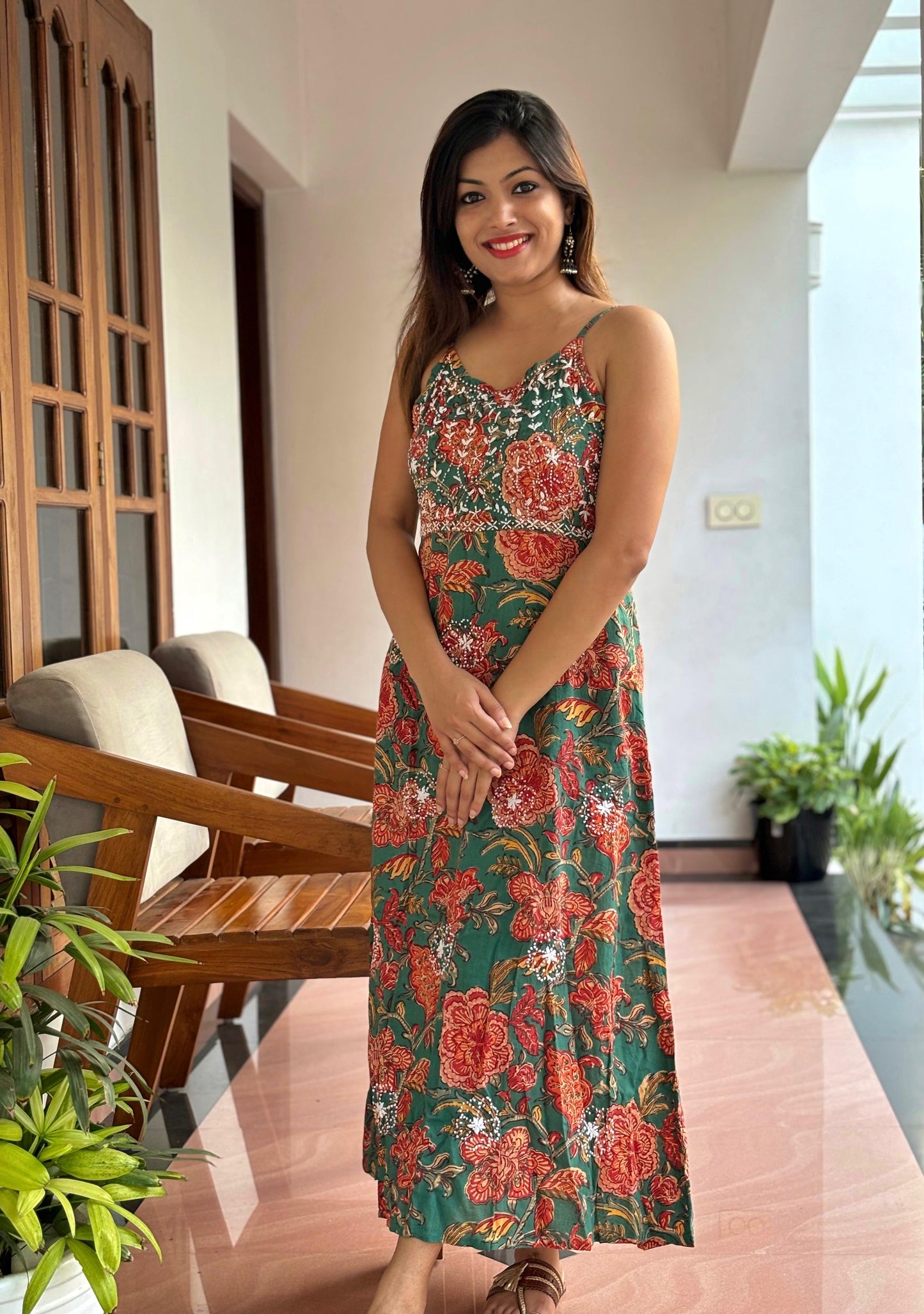 Sleeveless A-line Dress PRE-ORDER - Floral Green Red