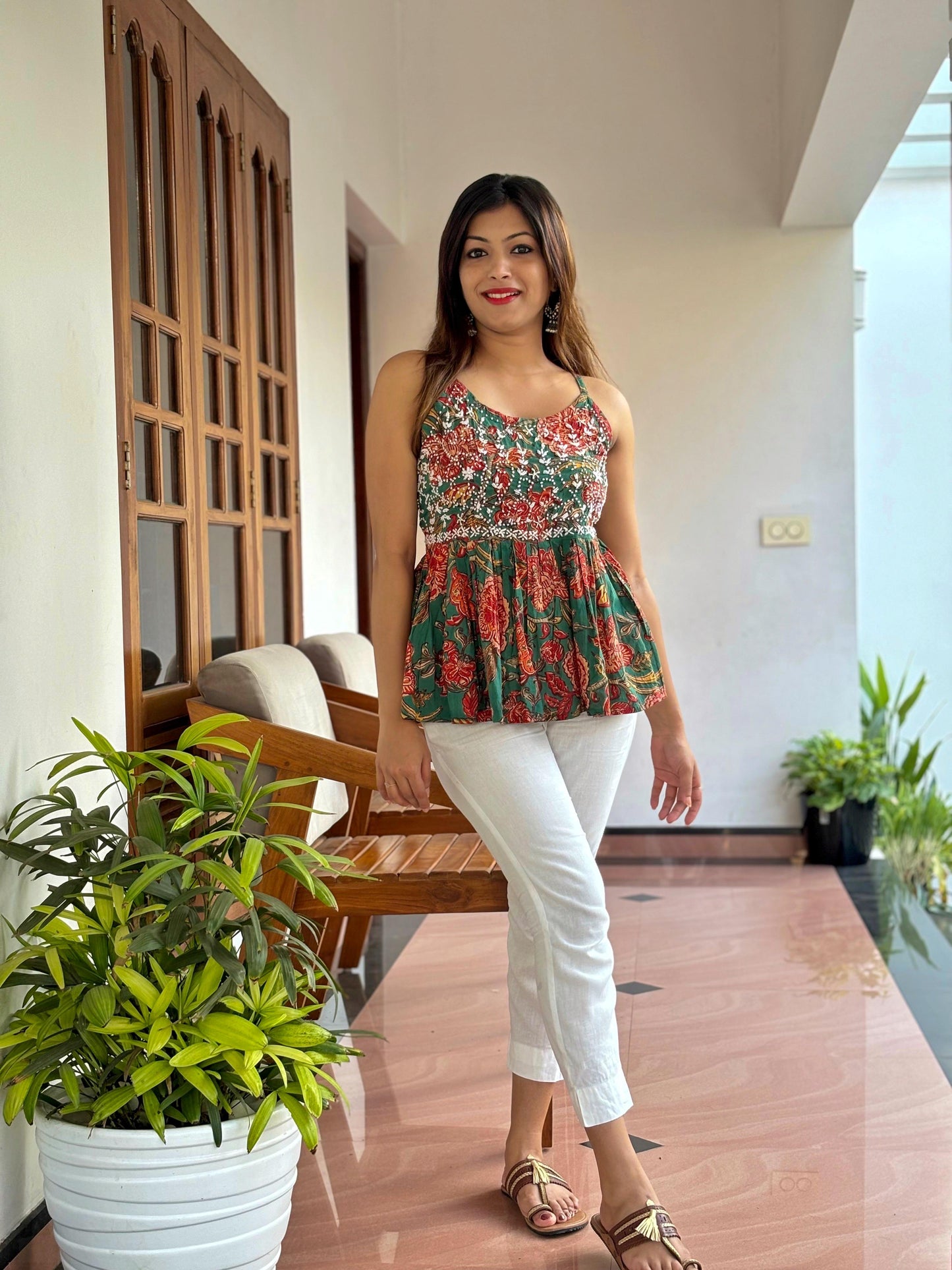 Flared Short Top PRE-ORDER - Floral Green Red