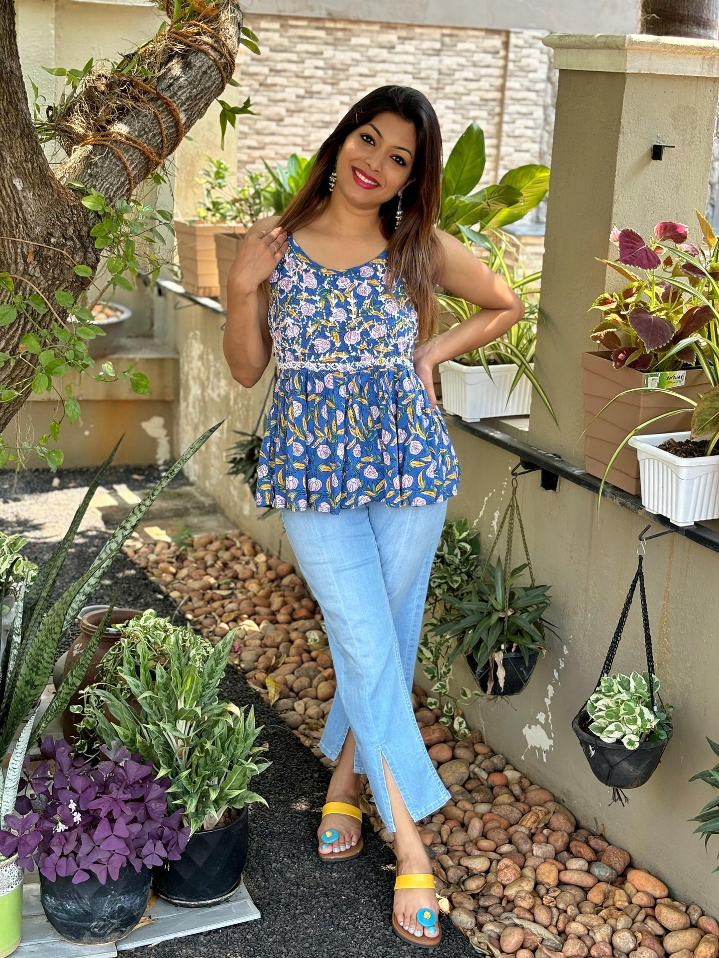 Flared Short Top - Floral Blue Yellow