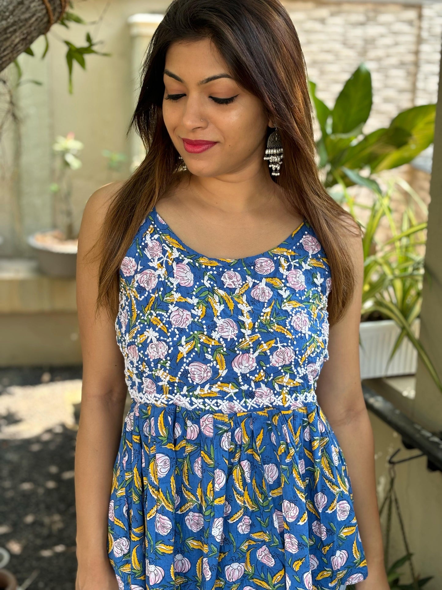 Flared Short Top - Floral Blue Yellow