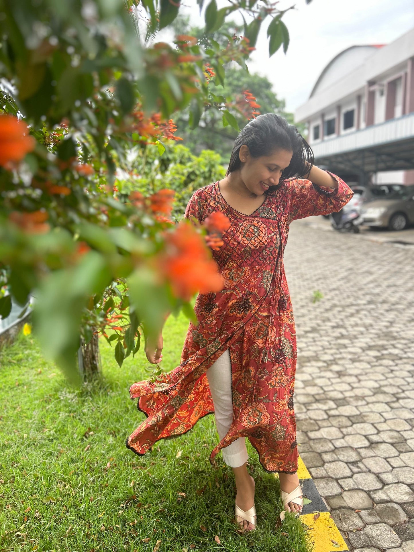 Angrakha Kurti and pant PRE-ORDER - Floral Red Black