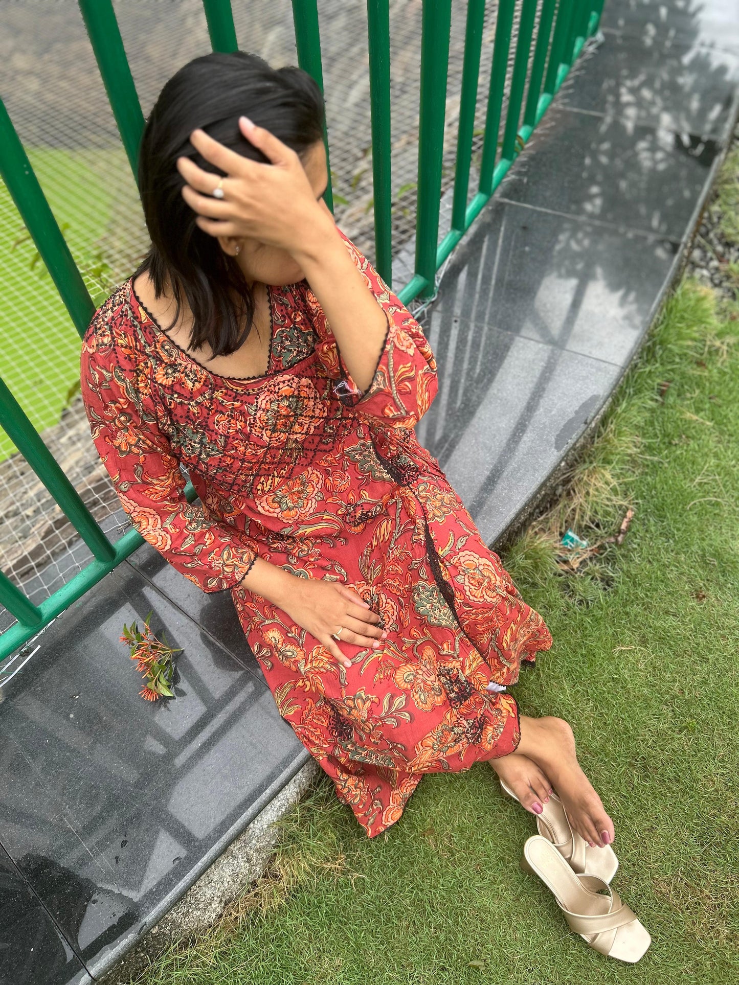 Angrakha Kurti and pant PRE-ORDER - Floral Red Black