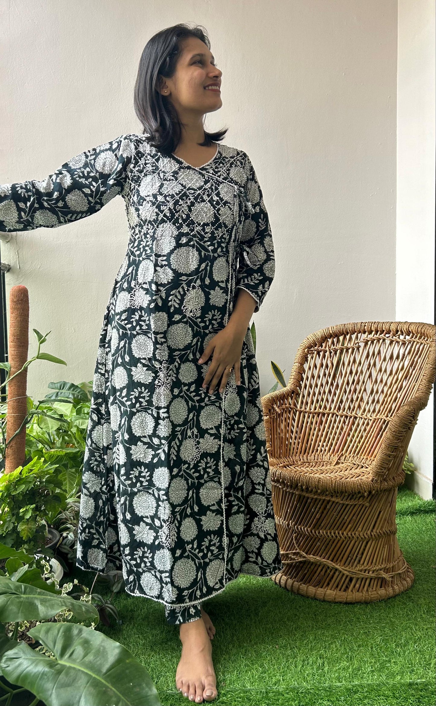 Angrakha Kurti and pant PRE-ORDER - Floral Black & White