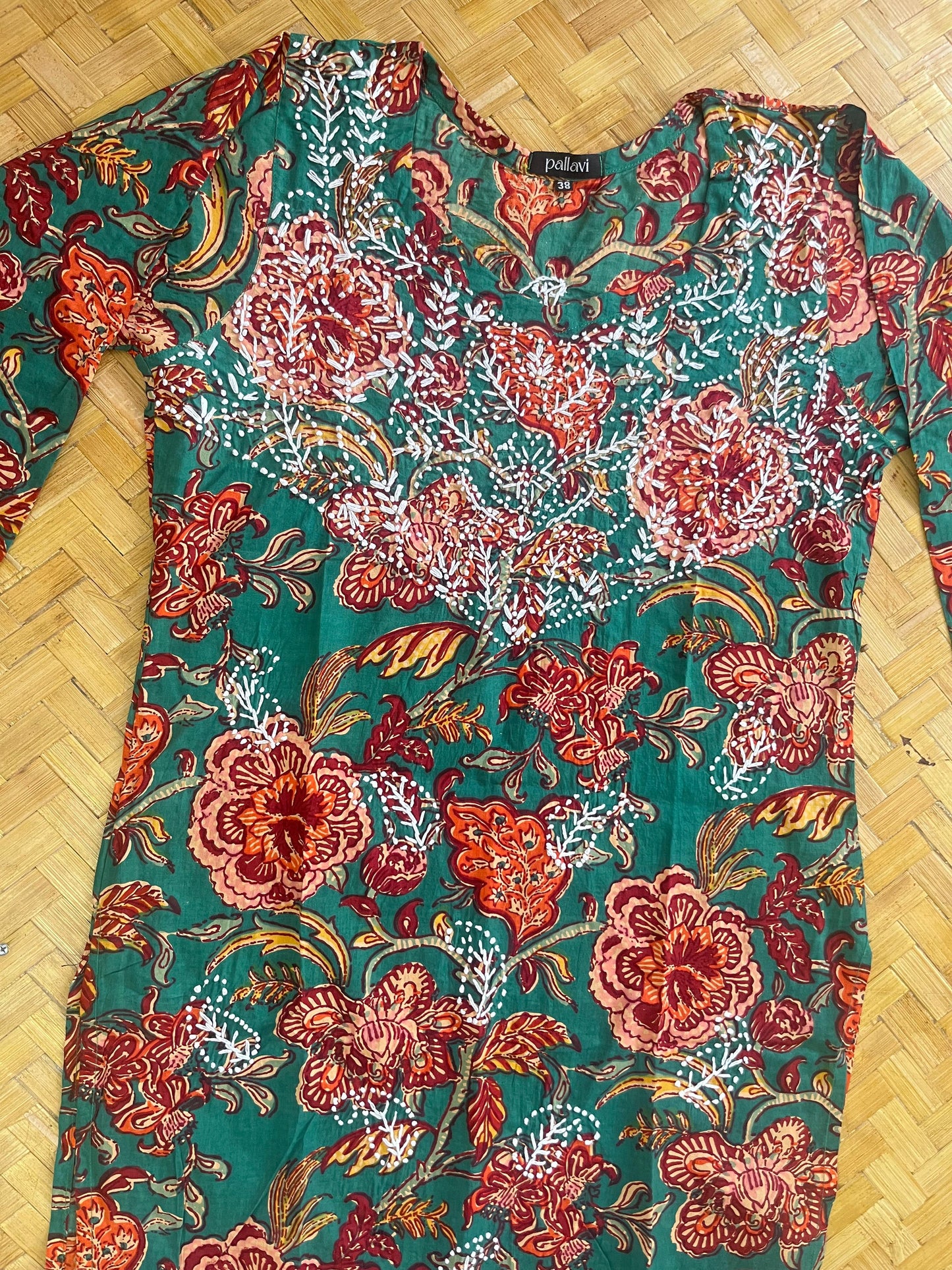 Straight Kurti - Floral Green Red