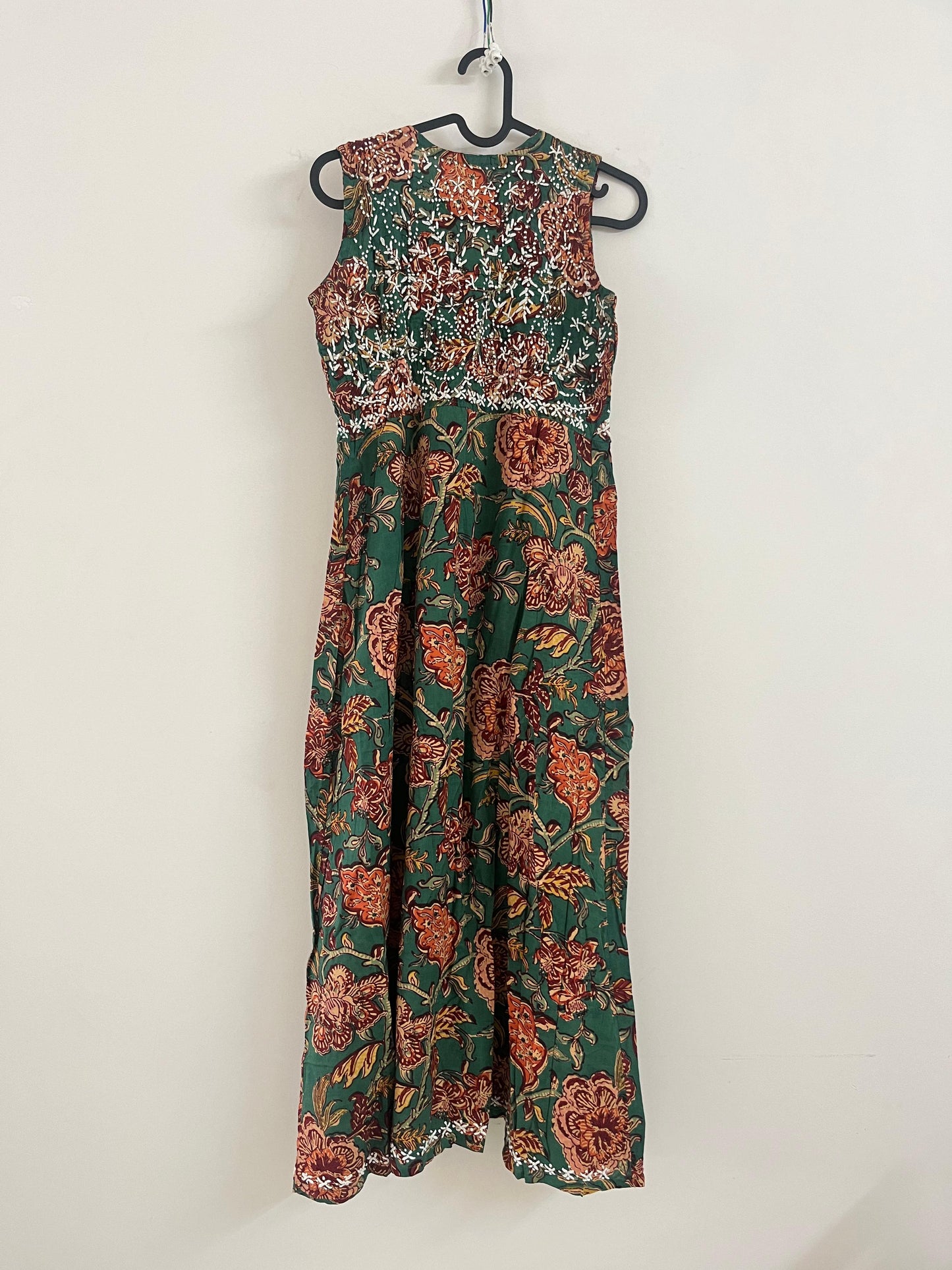 Sleeveless Aliya cut dress (with work on front and back) PRE-ORDER - Floral Green Red