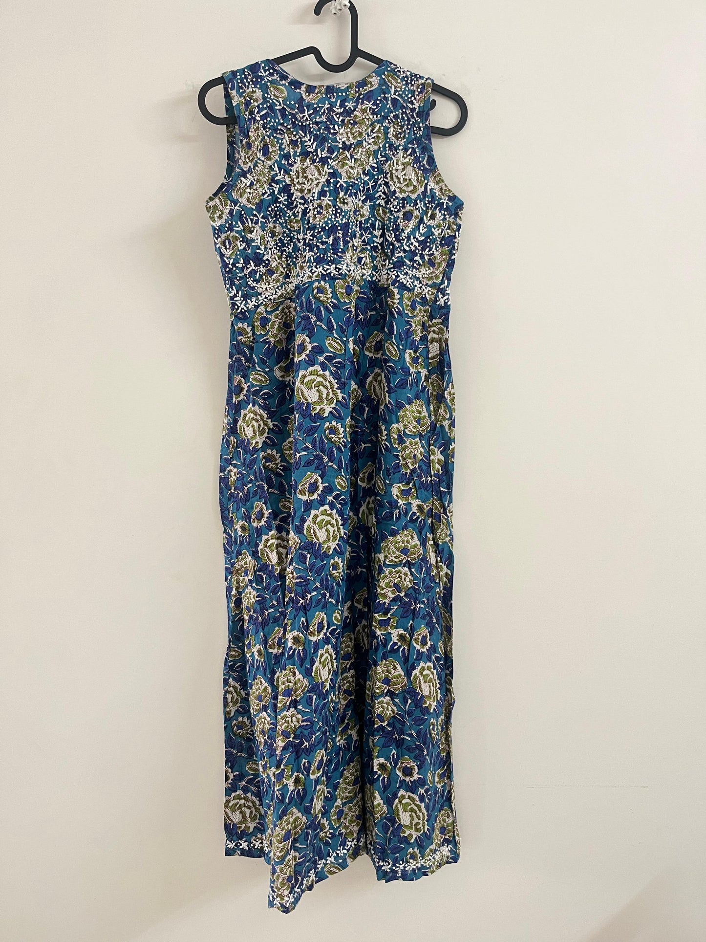 Sleeveless Aliya cut dress (with work on front and back) - Floral Blue green