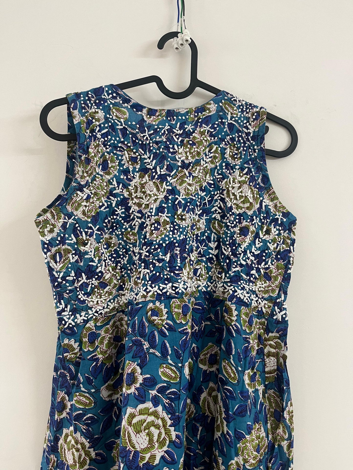 Sleeveless Aliya cut dress (with work on front and back) - Floral Blue green