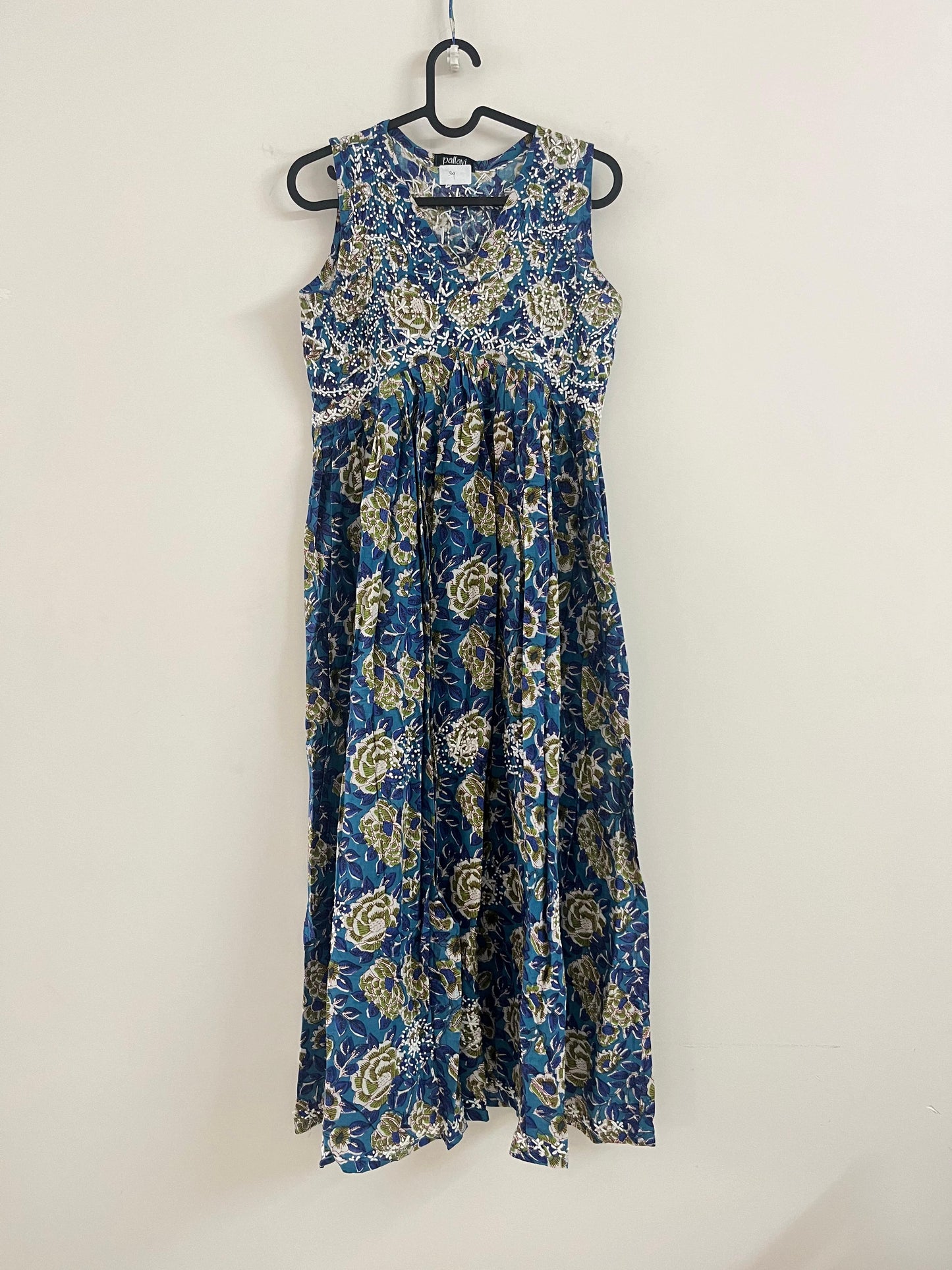 Sleeveless Aliya cut dress (with work on front and back) - Floral Blue green