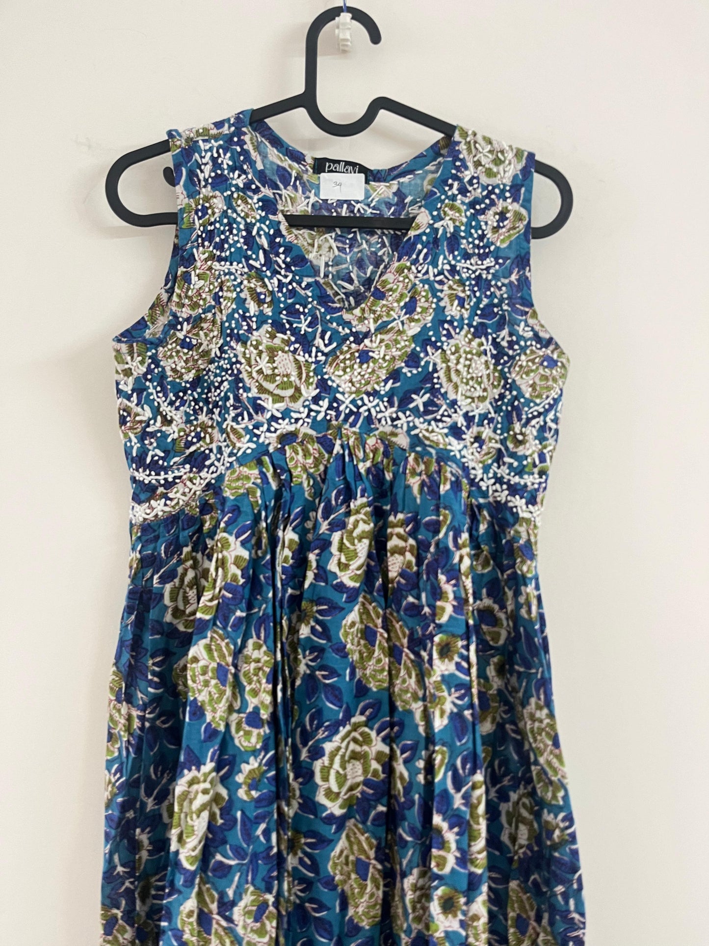 Sleeveless Aliya cut dress (with work on front and back) - Floral Blue green