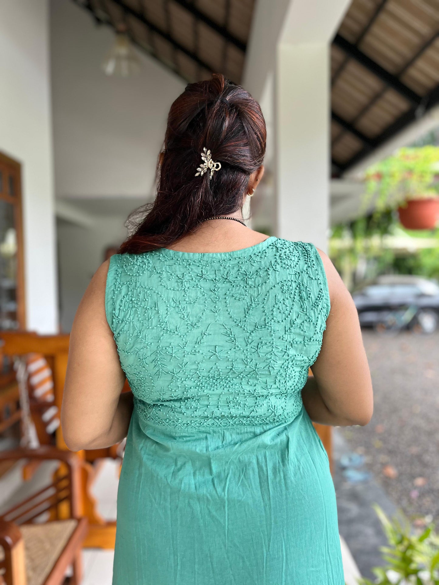 Sleeveless Aliya cut dress -Teal (with work on front and back)