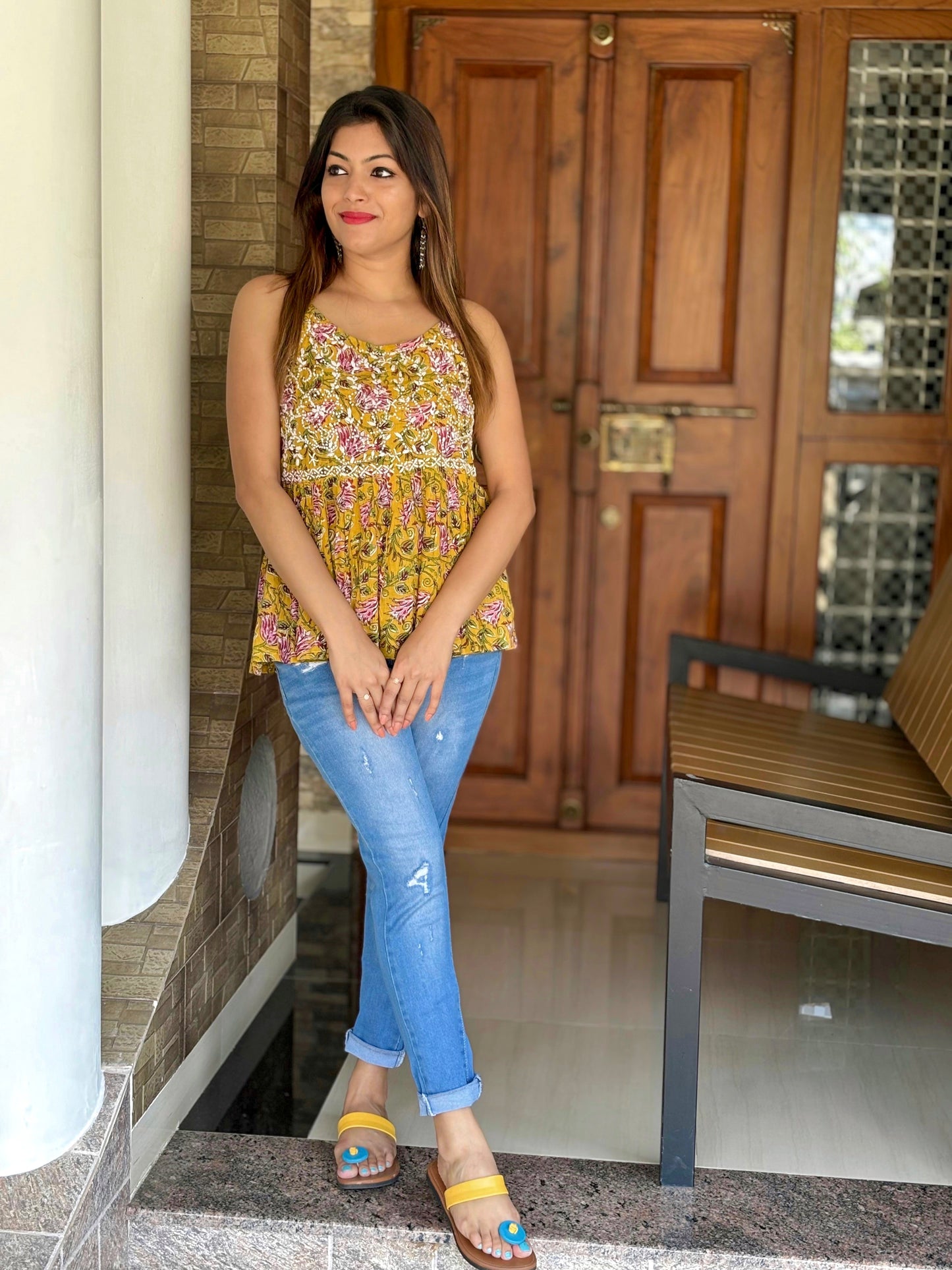 Flared Short Top PRE-ORDER - Floral Mustard Yellow 1