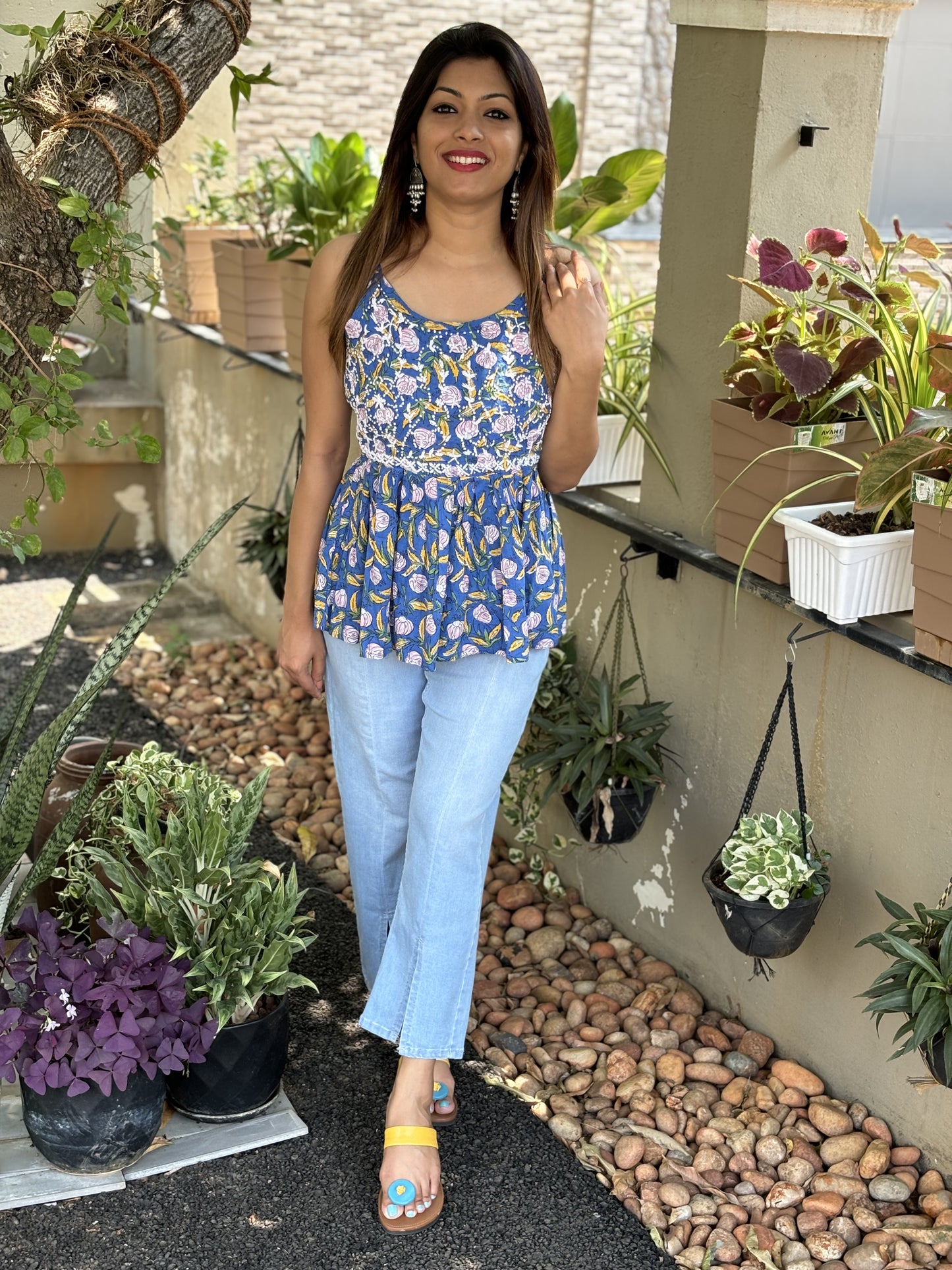 Flared Short Top - Floral Blue Yellow