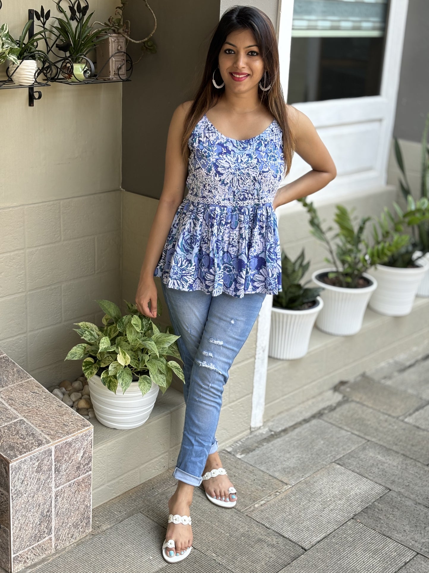 Flared Short Top PRE-ORDER - Floral Hues of Blue