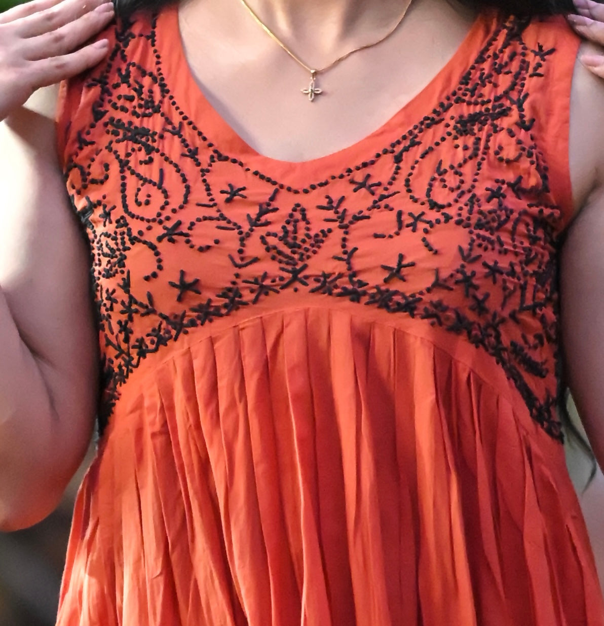 Sleeveless Aliya cut dress PRE-ORDER -Black knots on Dark Rust Orange (with work on front and back)