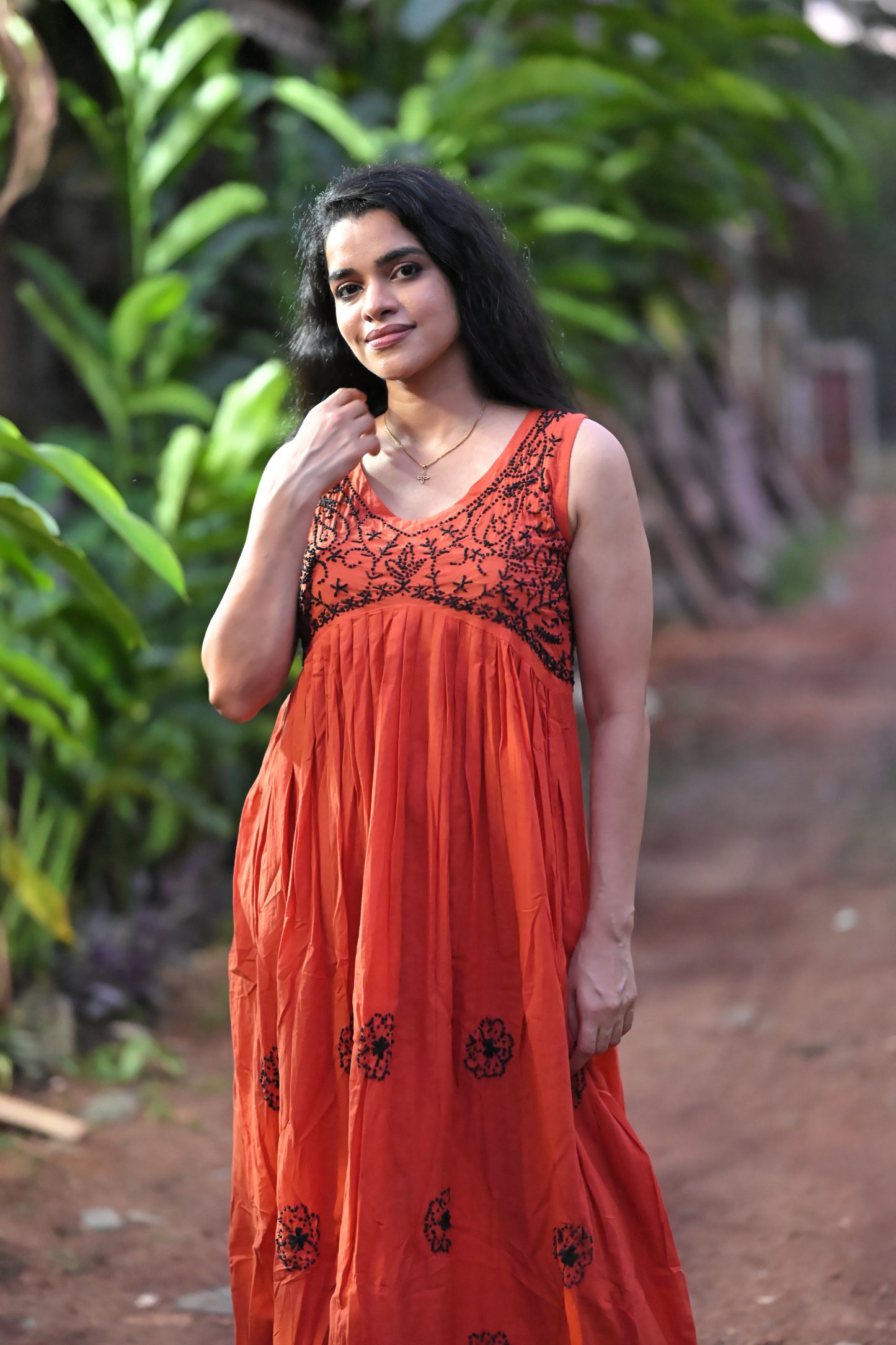 Sleeveless Aliya cut dress PRE-ORDER -Black knots on Dark Rust Orange (with work on front and back)