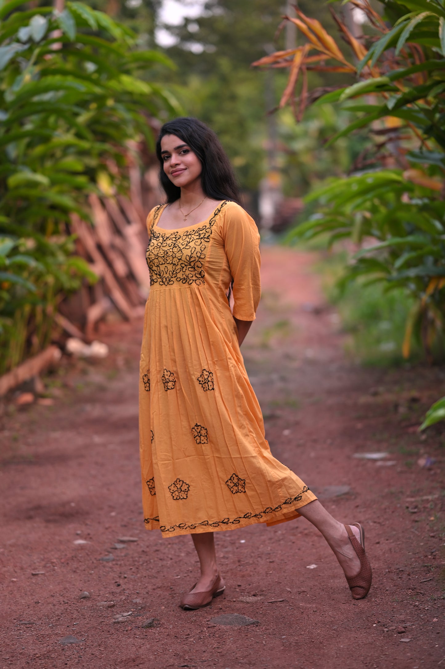 Pleated dress PRE-ORDER -Black knots on Mustard Yellow