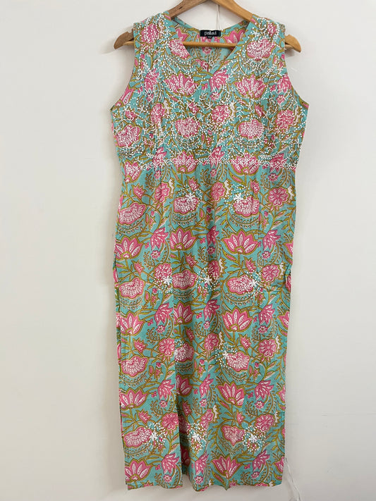 Straight Kurti and pant (Sleeveless) - Floral Teal Pink