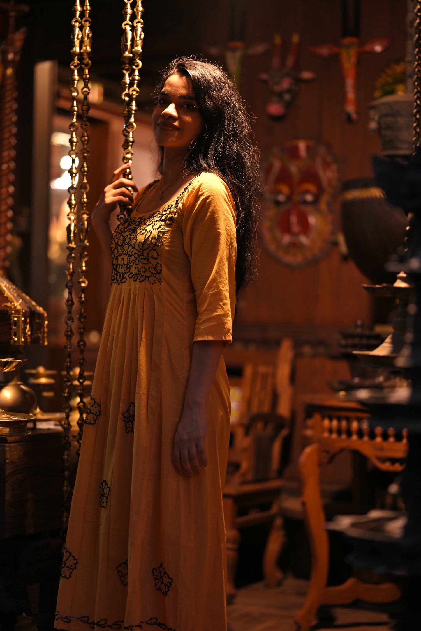 Pleated dress PRE-ORDER -Black knots on Mustard Yellow