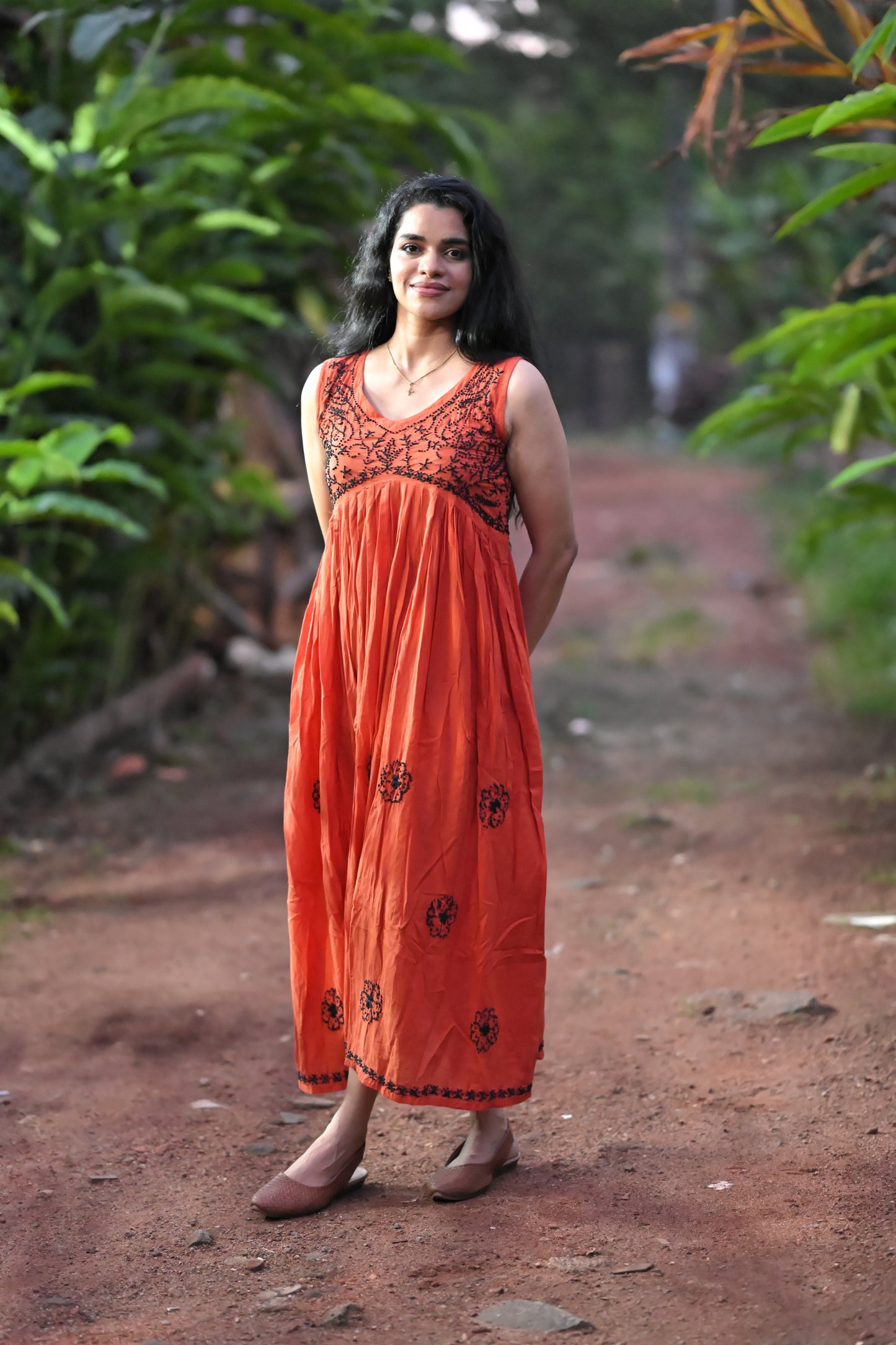 Sleeveless Aliya cut dress PRE-ORDER -Black knots on Dark Rust Orange (with work on front and back)