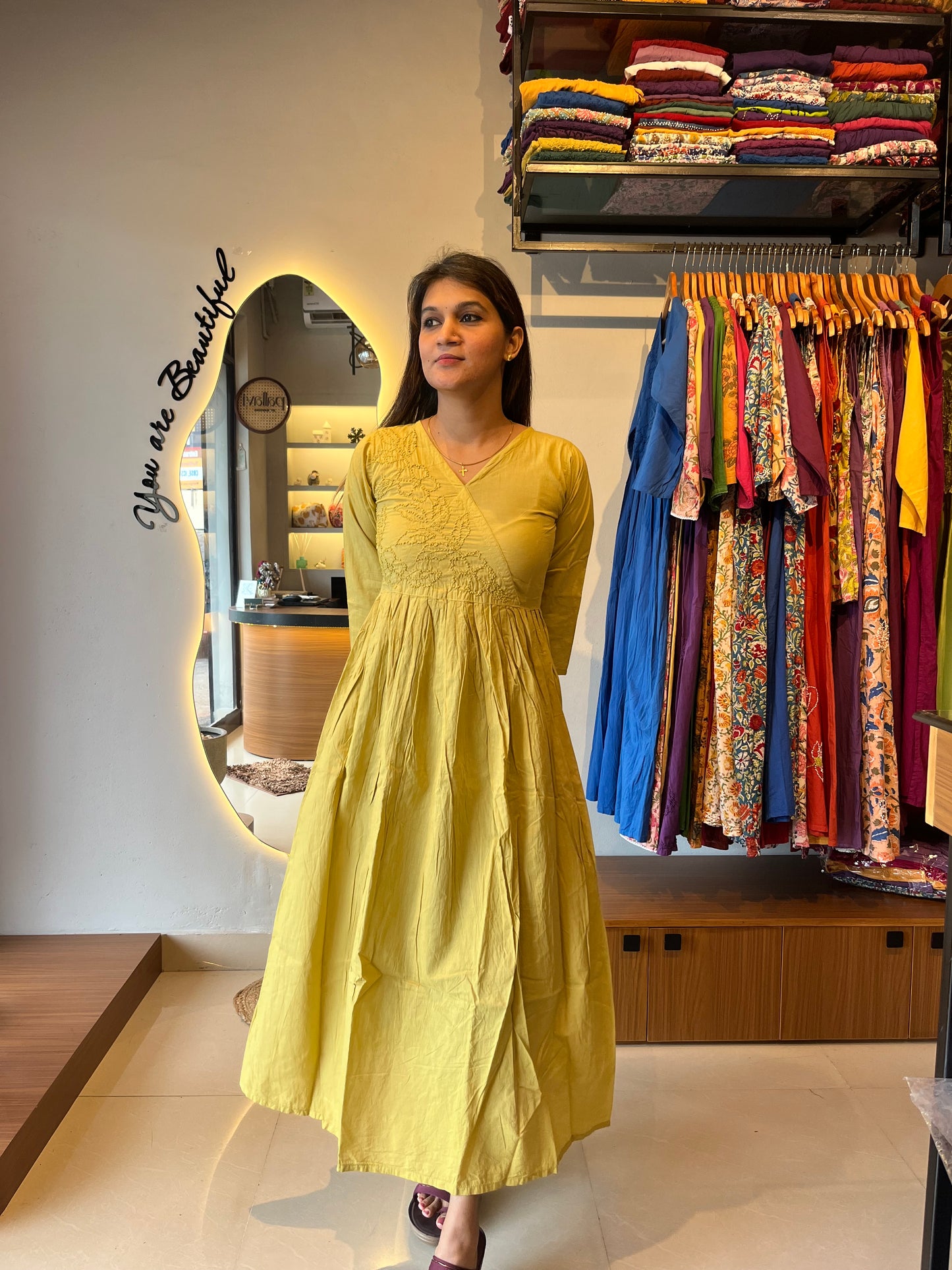 Pleated Angrakha dress - Lime Yellow
