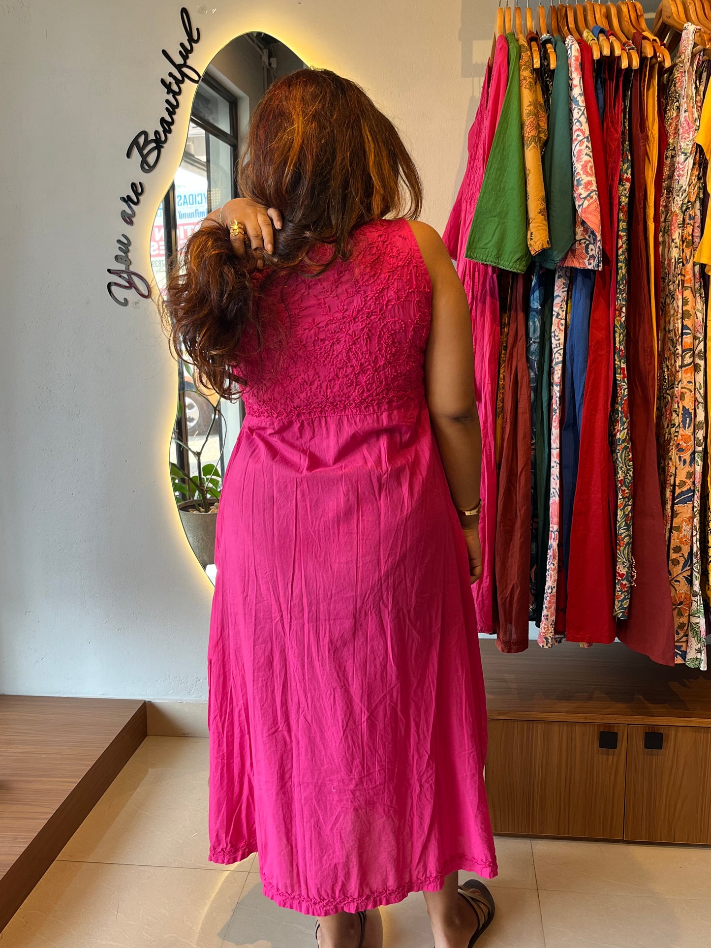 Sleeveless Aliya cut dress - Hot Pink (with work on front and back)
