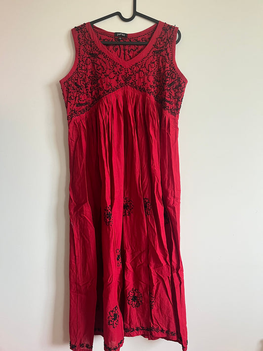 Sleeveless Aliya cut dress -Black knots on Red (with work on front and back)