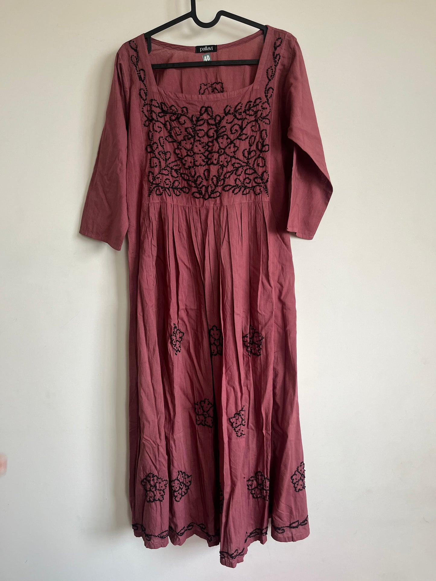 Pleated dress -Black knots on Dark Chikku