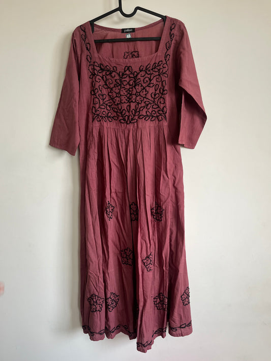 Pleated dress -Black knots on Dark Chikku