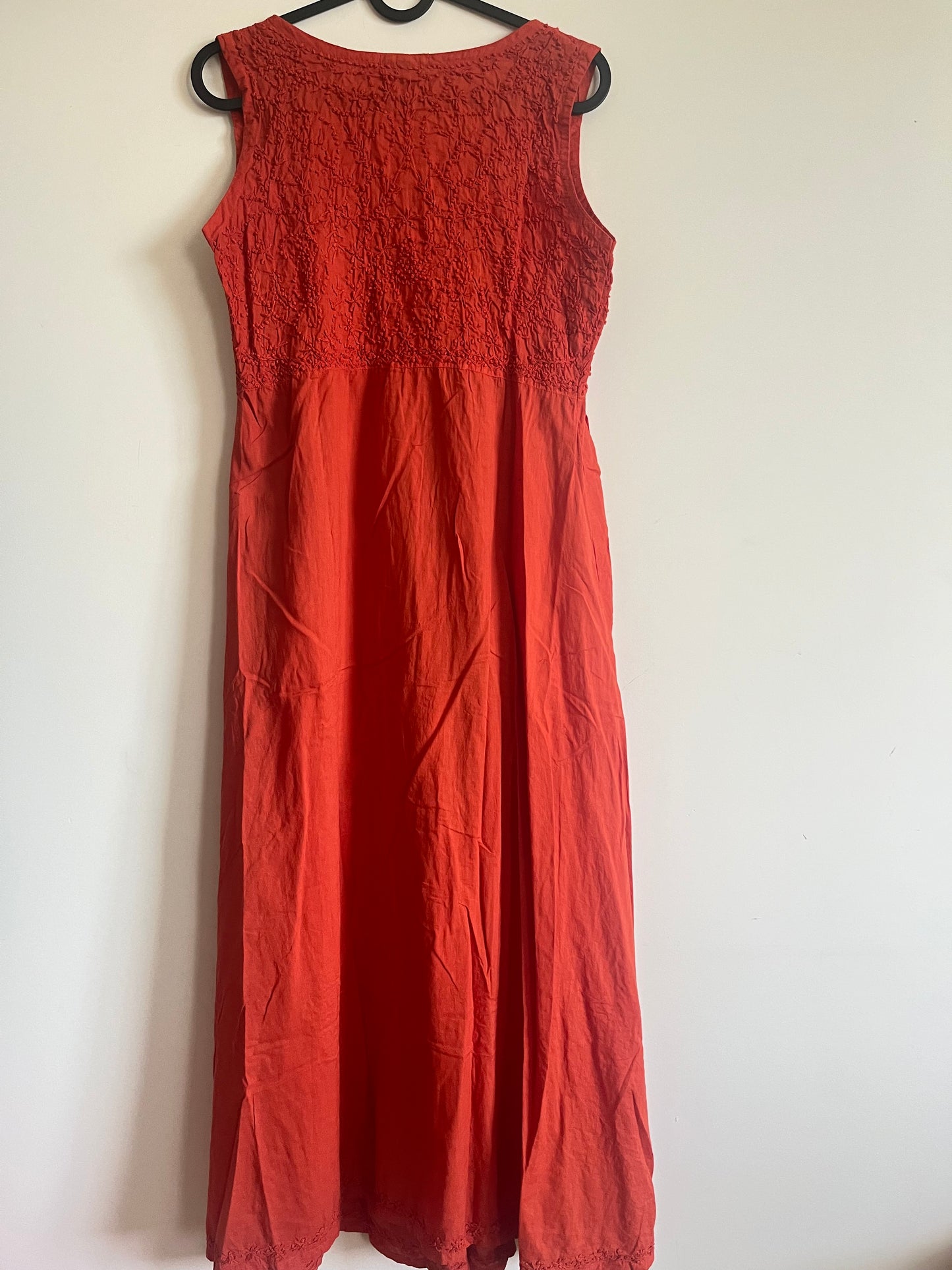 Sleeveless Aliya cut dress -Dark Rust Orange (with work on front and back)