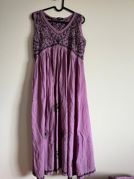 Sleeveless Aliya cut dress -Black knots on Pink Lavender (with work on front and back)