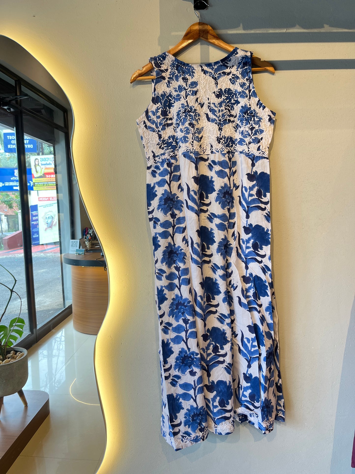 Sleeveless Aliya cut dress (with work on front and back) - Floral Blue