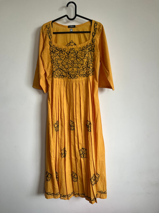 Pleated dress -Black knots on Mustard Yellow