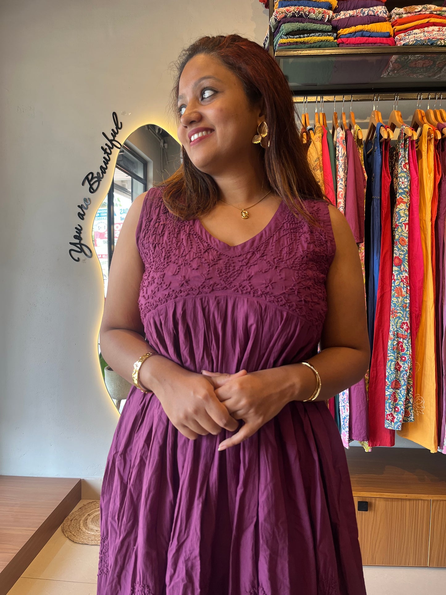 Sleeveless Aliya cut dress - Wine (with work on front and back)