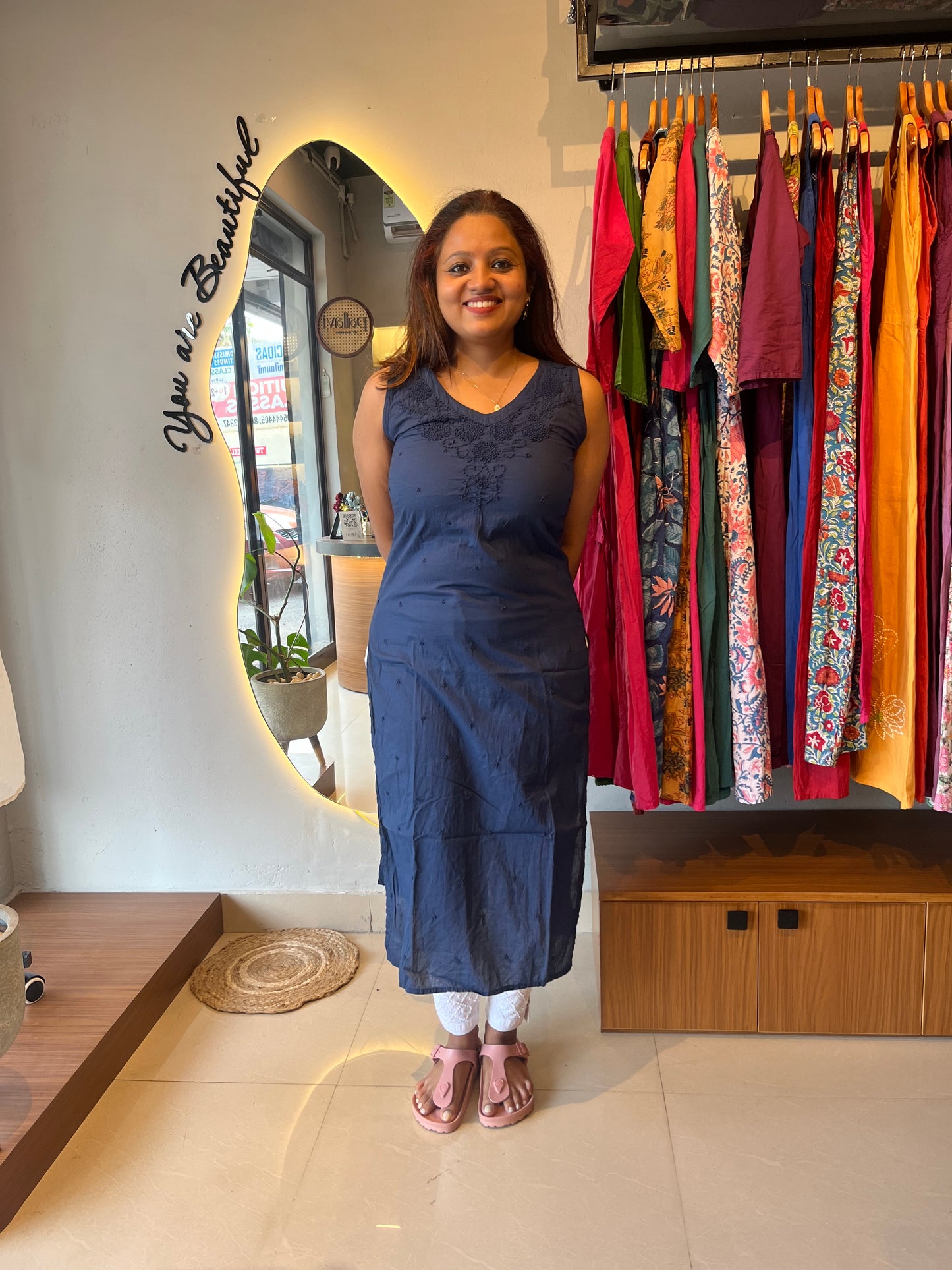 Sleeveless Straight Kurti - Navyblue