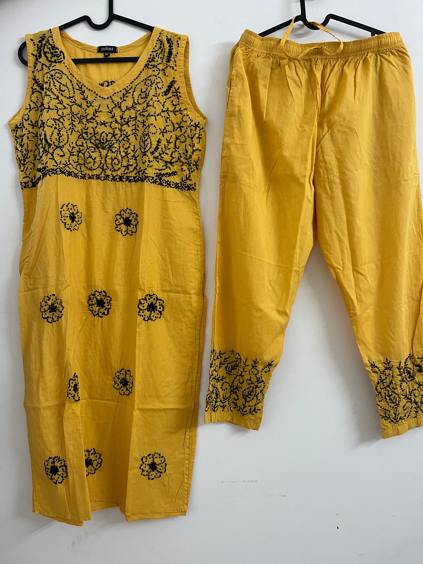 Sleeveless Straight Kurti and Pant (co-ord set) - Black knote on Mustard Yellow