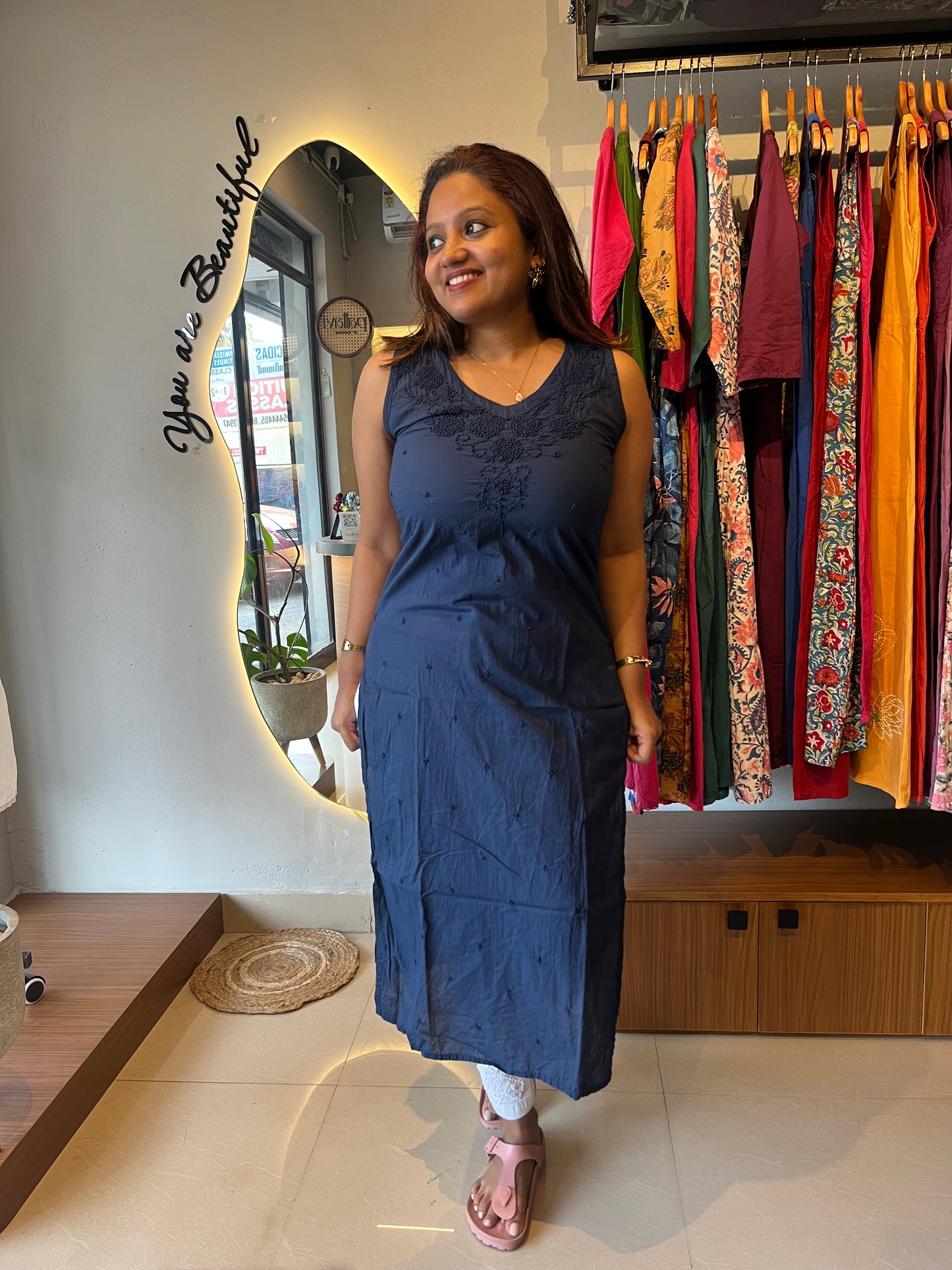 Sleeveless Straight Kurti - Navyblue