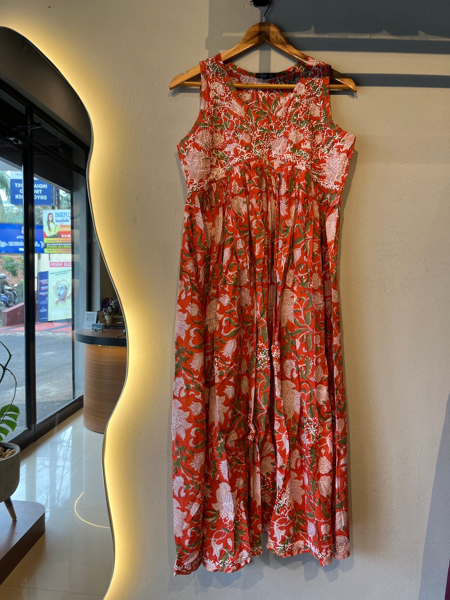 Sleeveless Aliya cut dress (with work on front and back) - Floral Orange