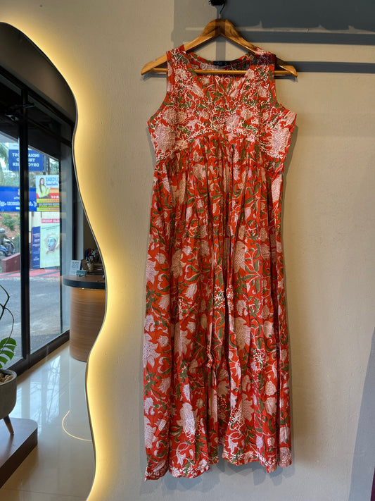 Sleeveless Aliya cut dress (with work on front and back) - Floral Orange