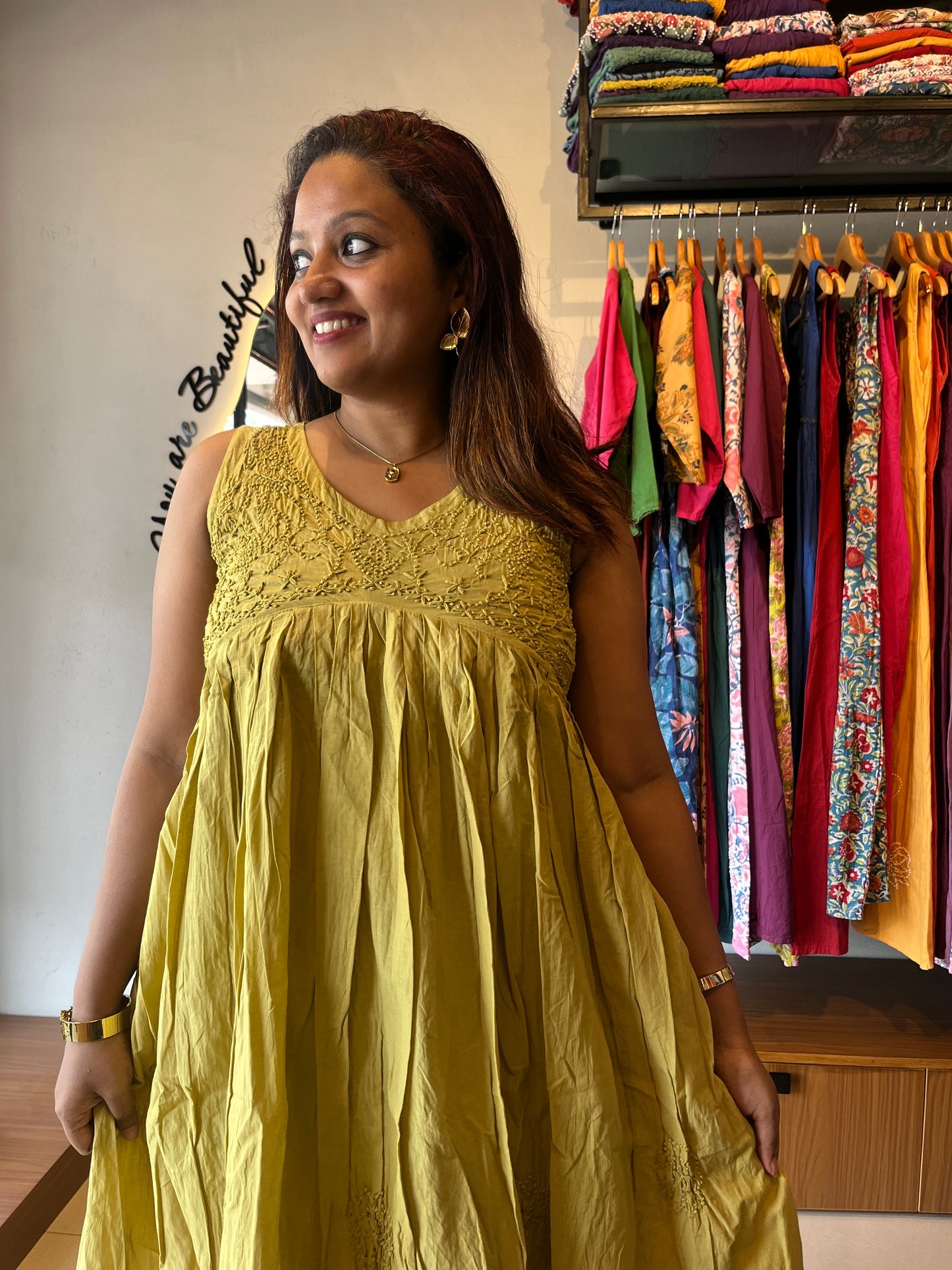 Sleeveless Aliya cut dress - Lime Yellow (with work on front and back)