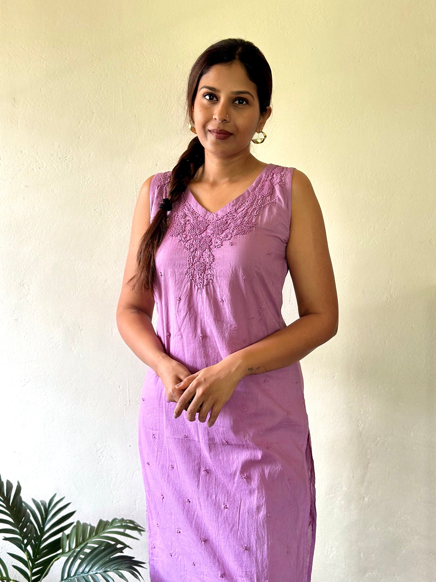 Sleeveless Straight Kurti and pant - Pale lavender