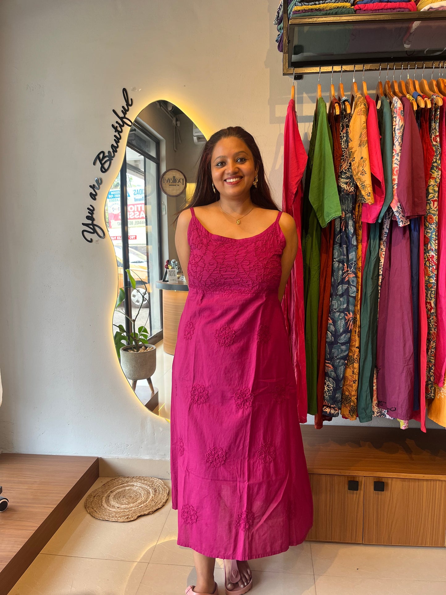 Sleeveless A-line Dress - Hot pink