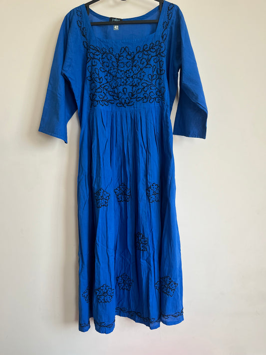 Pleated dress -Black knots on Royal Blue