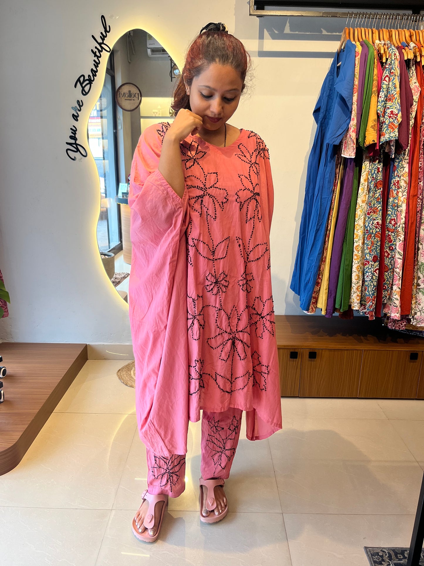 Kaftan top and pant - Black knots on Nude pink